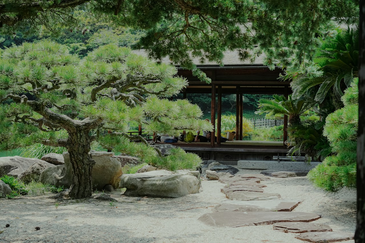 A serene Japanese garden with a stone path leading toward a pavilion in soft morning light