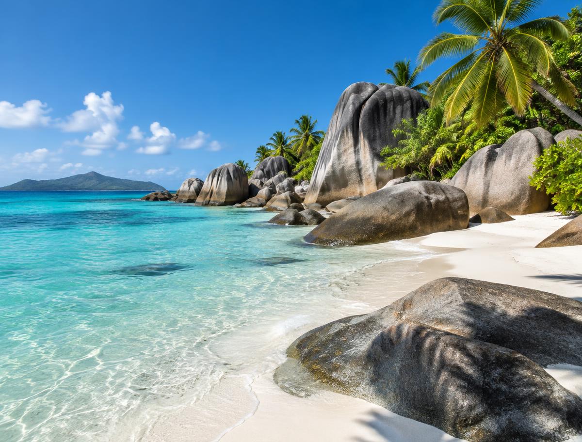 Granite boulders, white sand and turquoise Indian Ocean water on a Seychelles beach