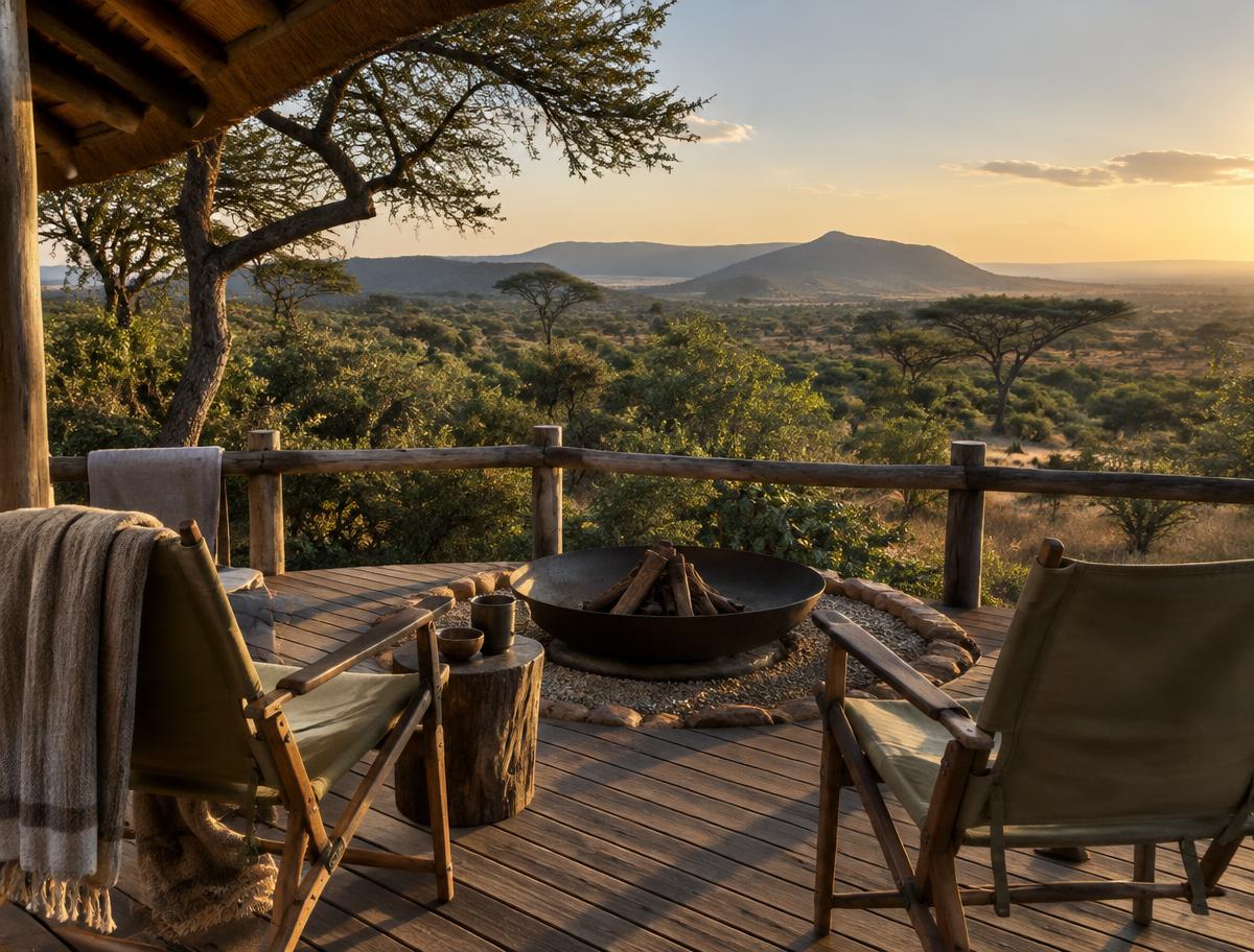 Canvas chairs and a fire pit on a safari lodge deck overlooking South African bush