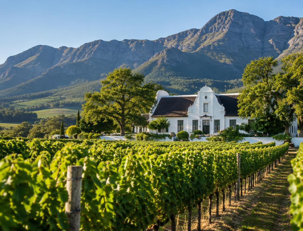 Green vineyards and a white Cape Dutch manor beneath the mountains of Franschhoek