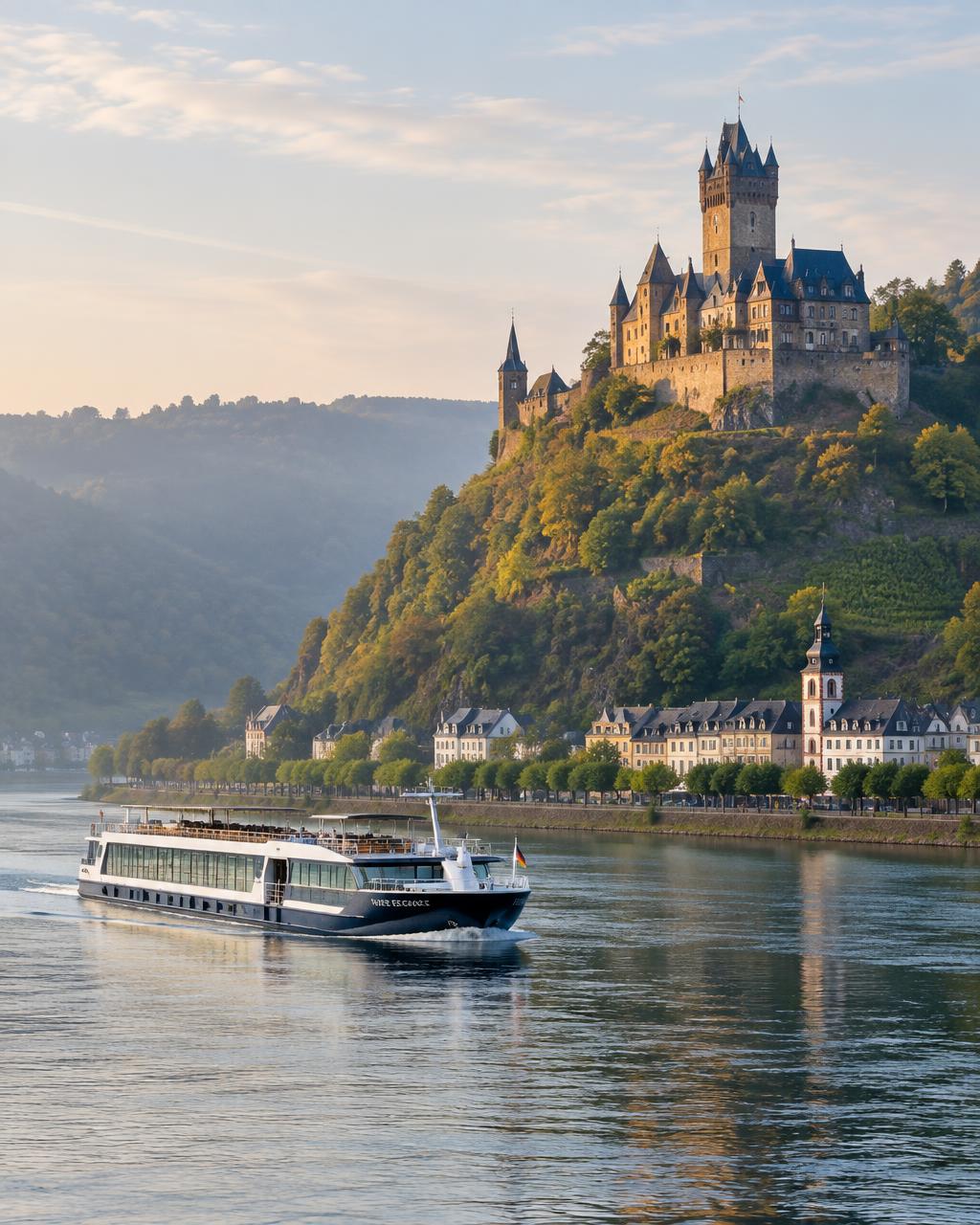 A river ship passing a hilltop castle