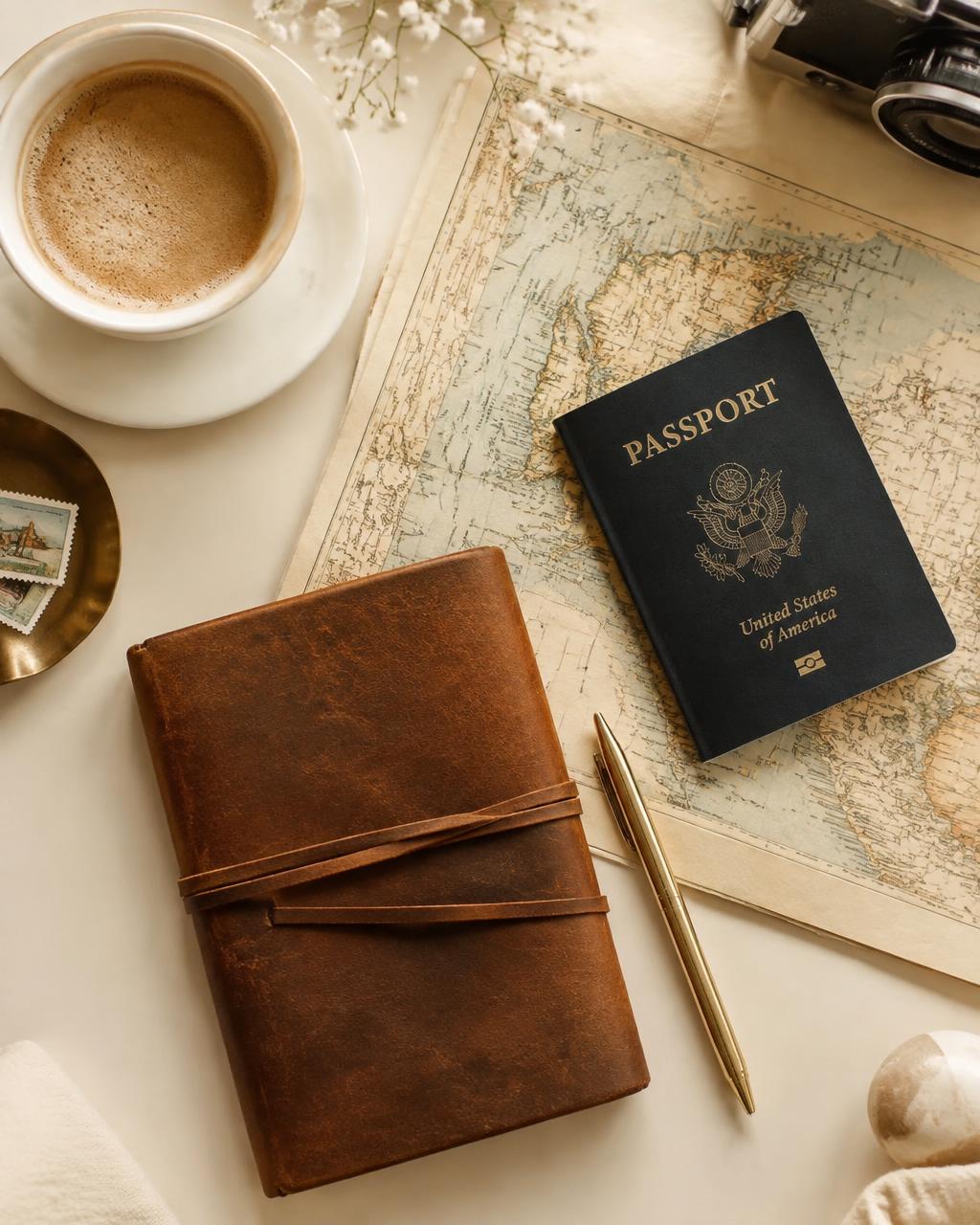 A travel planning desk with passport, journal, gold pen, map and coffee