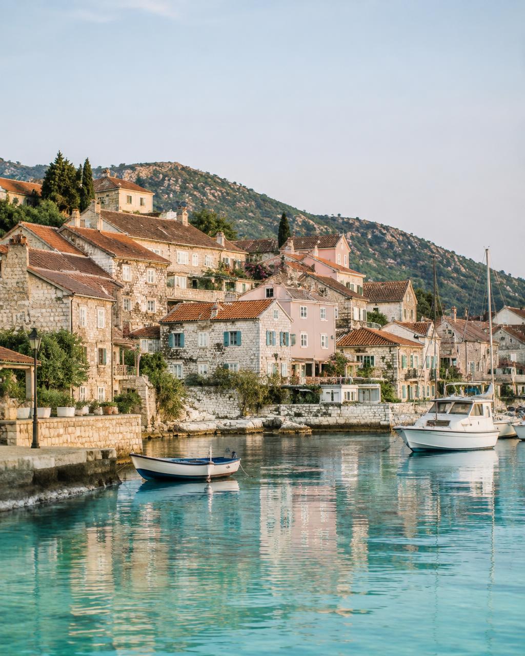 A quiet coastal village with a calm turquoise harbor